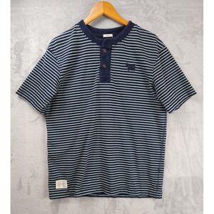 Kingsley Heath Henley Shirt Men's Large Navy Green Striped Muscle Fit Heavy